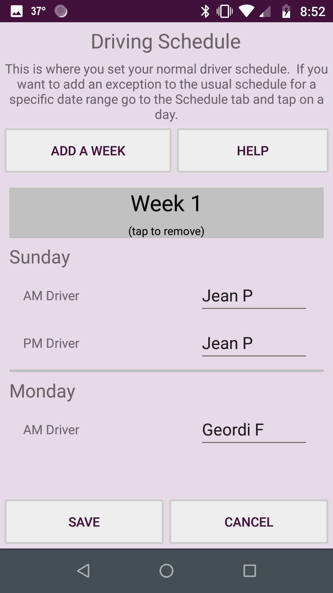 The regular driver schedule screenshot