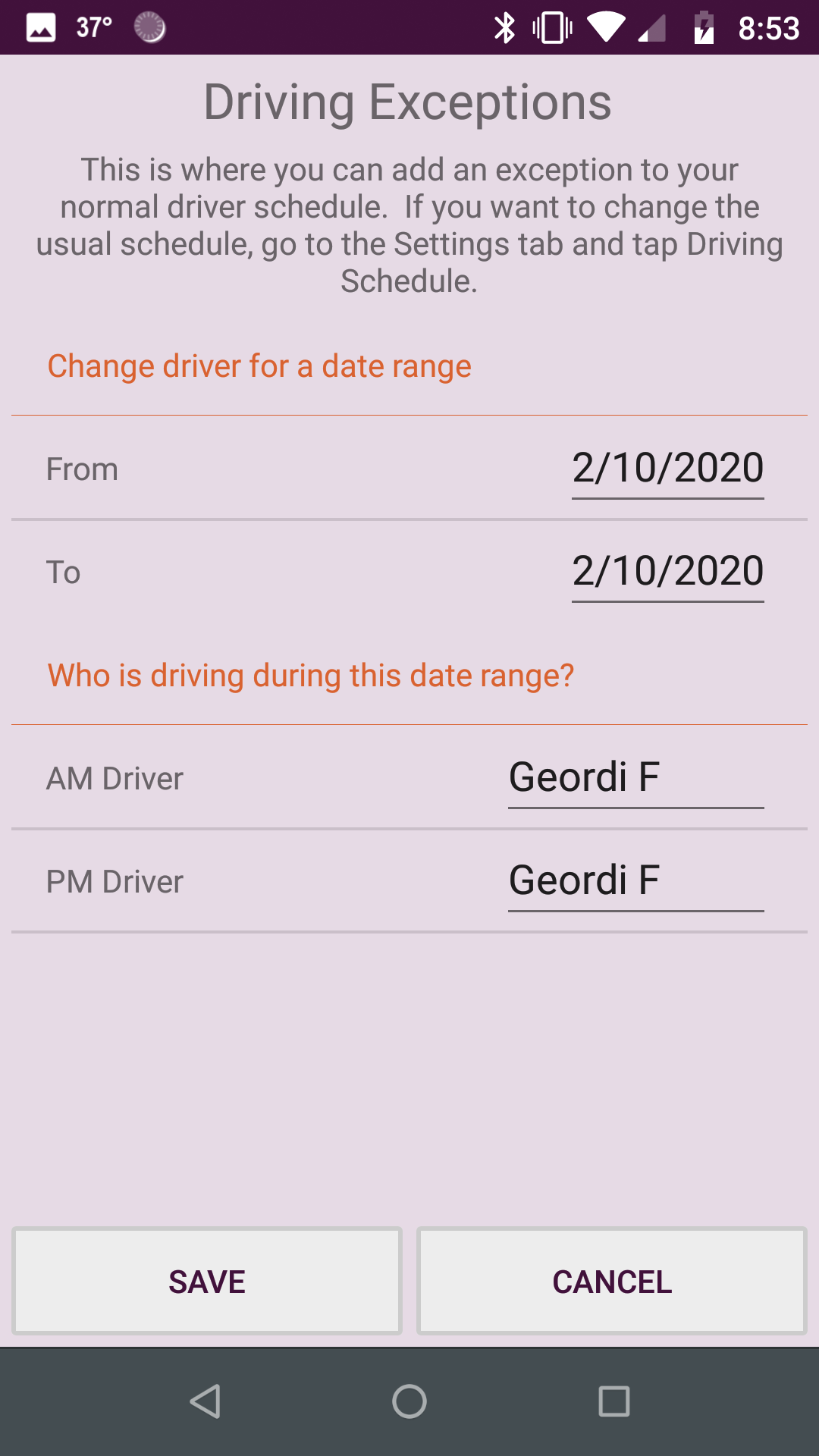 Add exceptions to the driver schedule screenshot