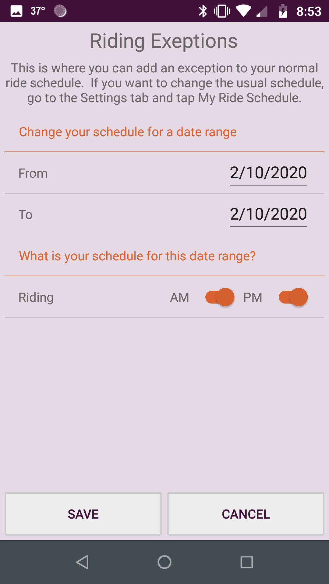 Add exceptions to your ride schedule screenshot